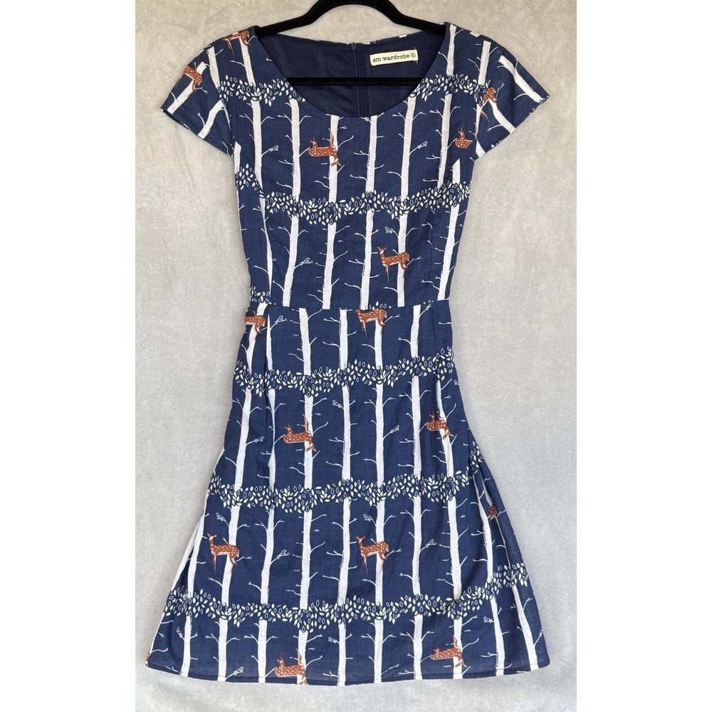 Sm Wardrobe Dress Women's XL Blue Multi Deer Fawn Tie-Back A-Line Preppy Natural